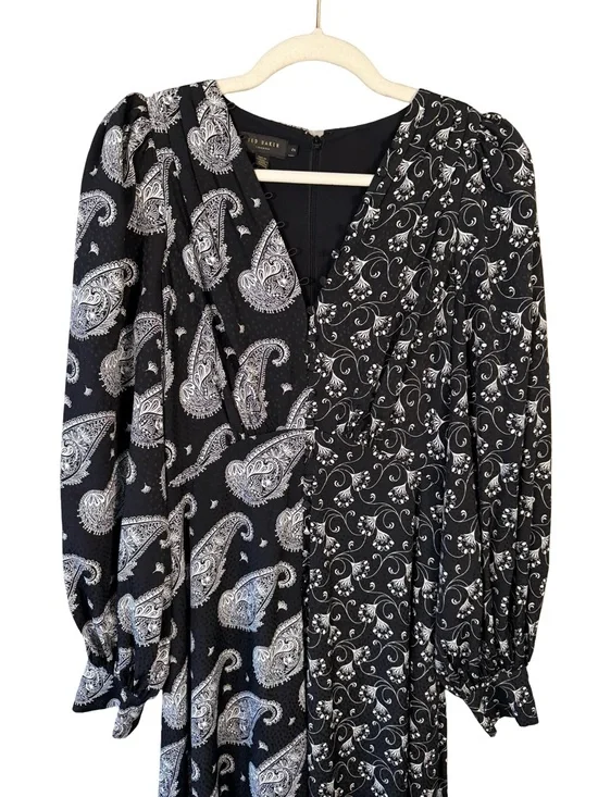 Ted Baker Black & White Mixed Paisley Midi Dress Size 2 Boho Designer Occasion - Picture 11 of 16